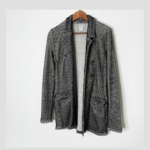 Chicos Blazer Jacket Shacket Long Line Black White Frayed Hem Button Front Sz 0 - Picture 10 of 10